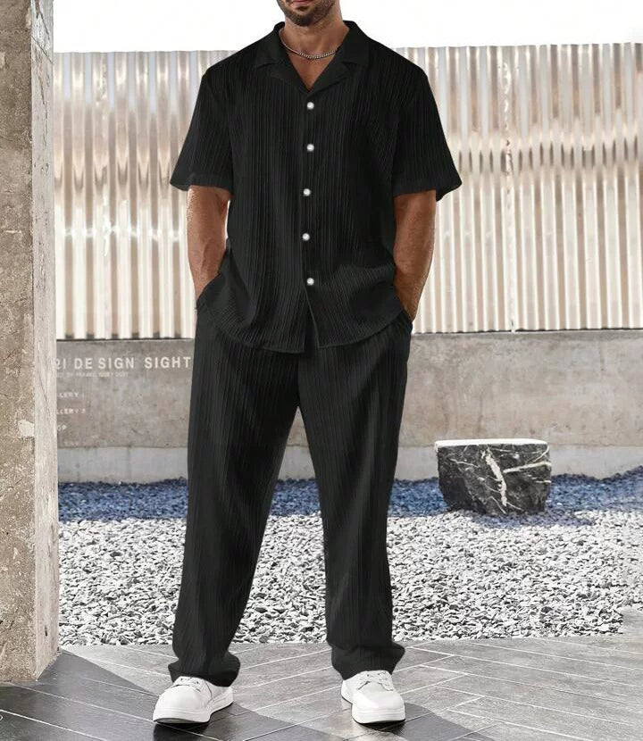Casual Front Short Sleeve Shirt & Long Pants Outfit