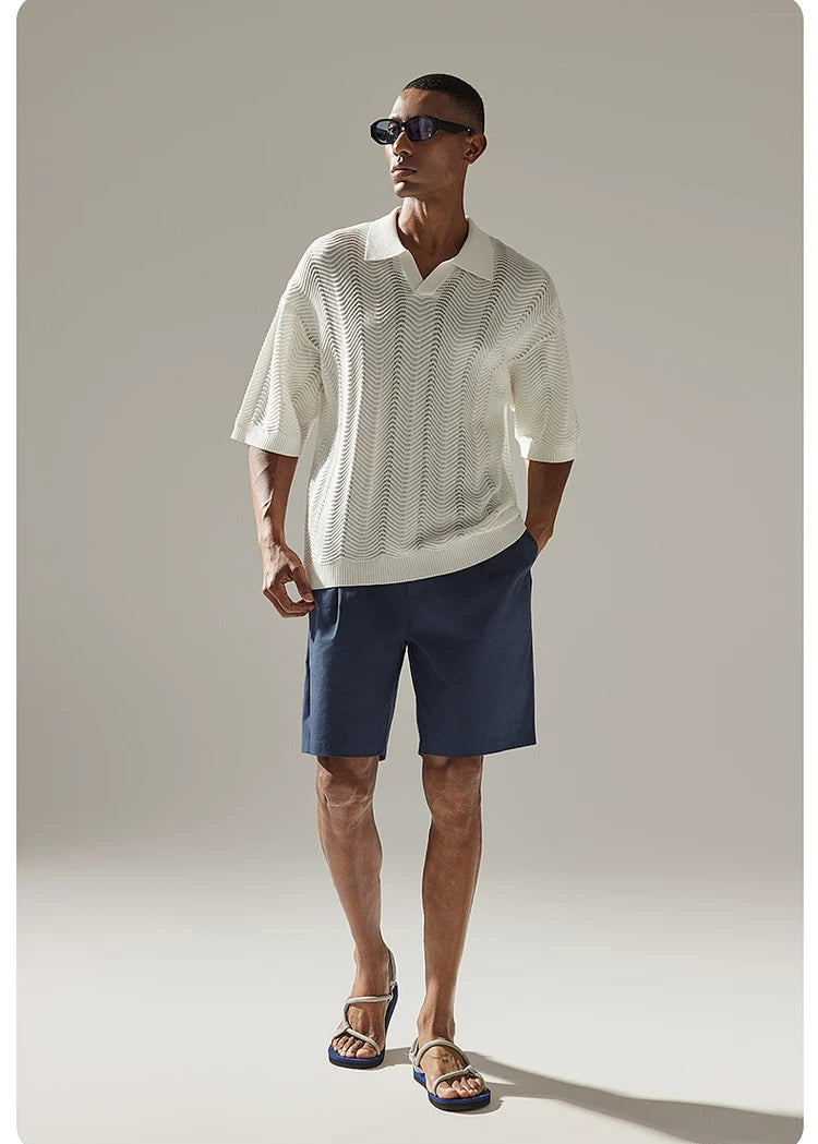 Nautical Holiday Collection Seagull-Collar Wavy-Textured Stretch Polo Shirt