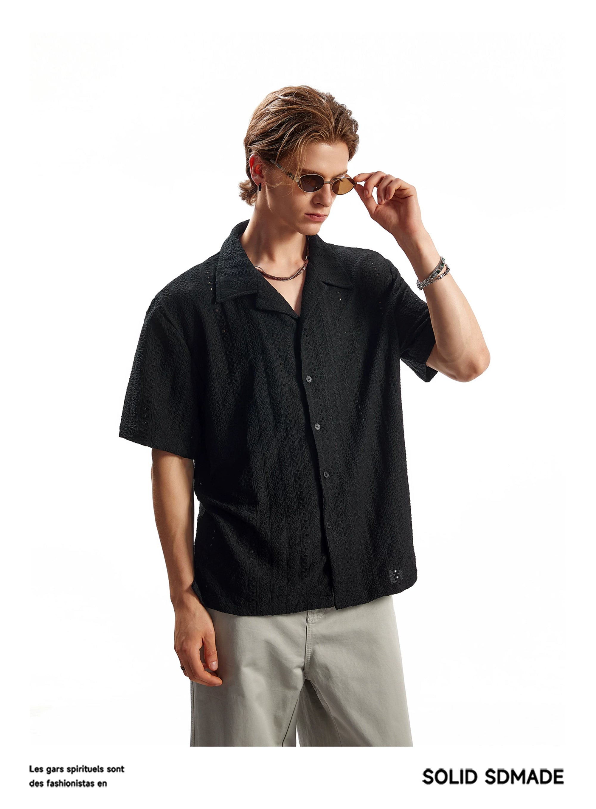 ELEQIHU SOLID SDMADE® Textured Cuban-collar short-sleeve shirt