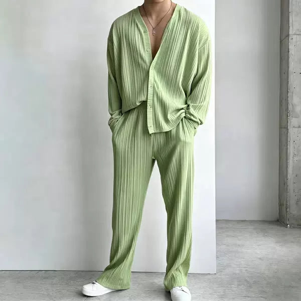 Drop Shoulder Open Knit Long Sleeve Pants Set