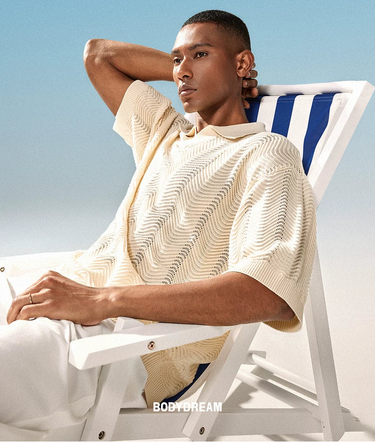 Nautical Holiday Collection Seagull-Collar Wavy-Textured Stretch Polo Shirt