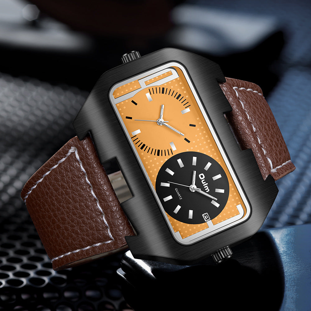 Rectangular leather strap dual time zone dial watch