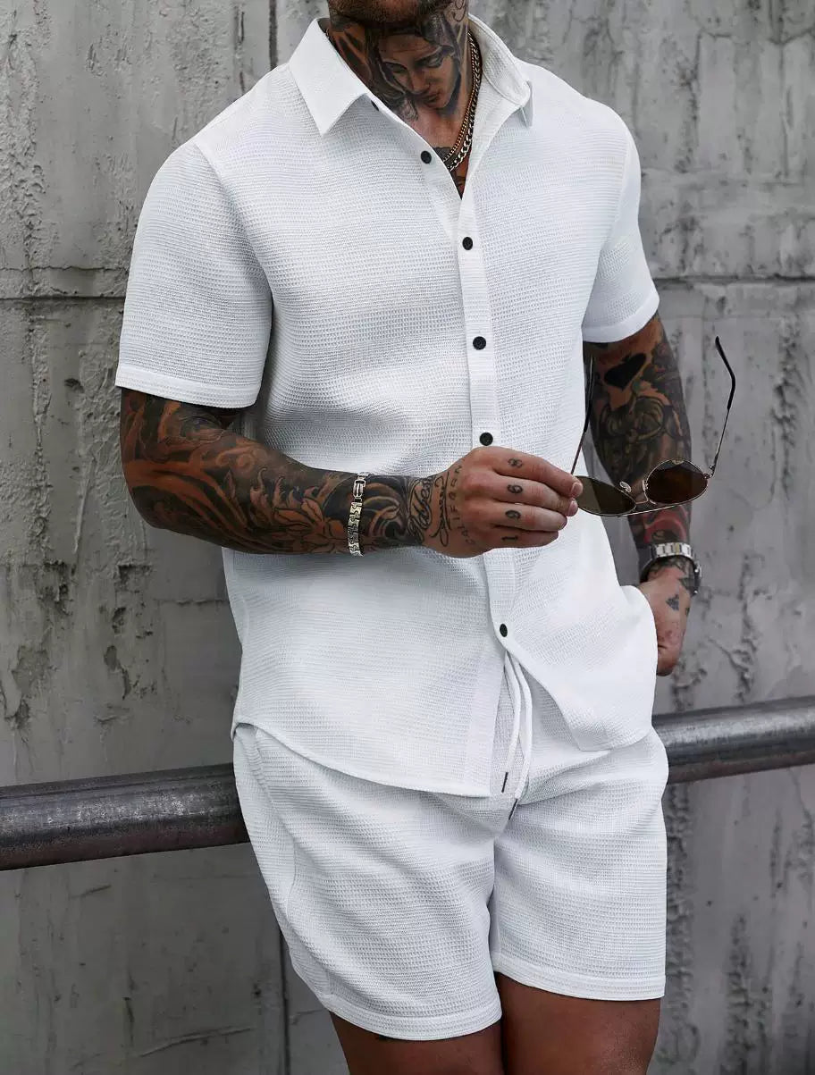 Jacquard weaving & Solid Shirt Shorts Set