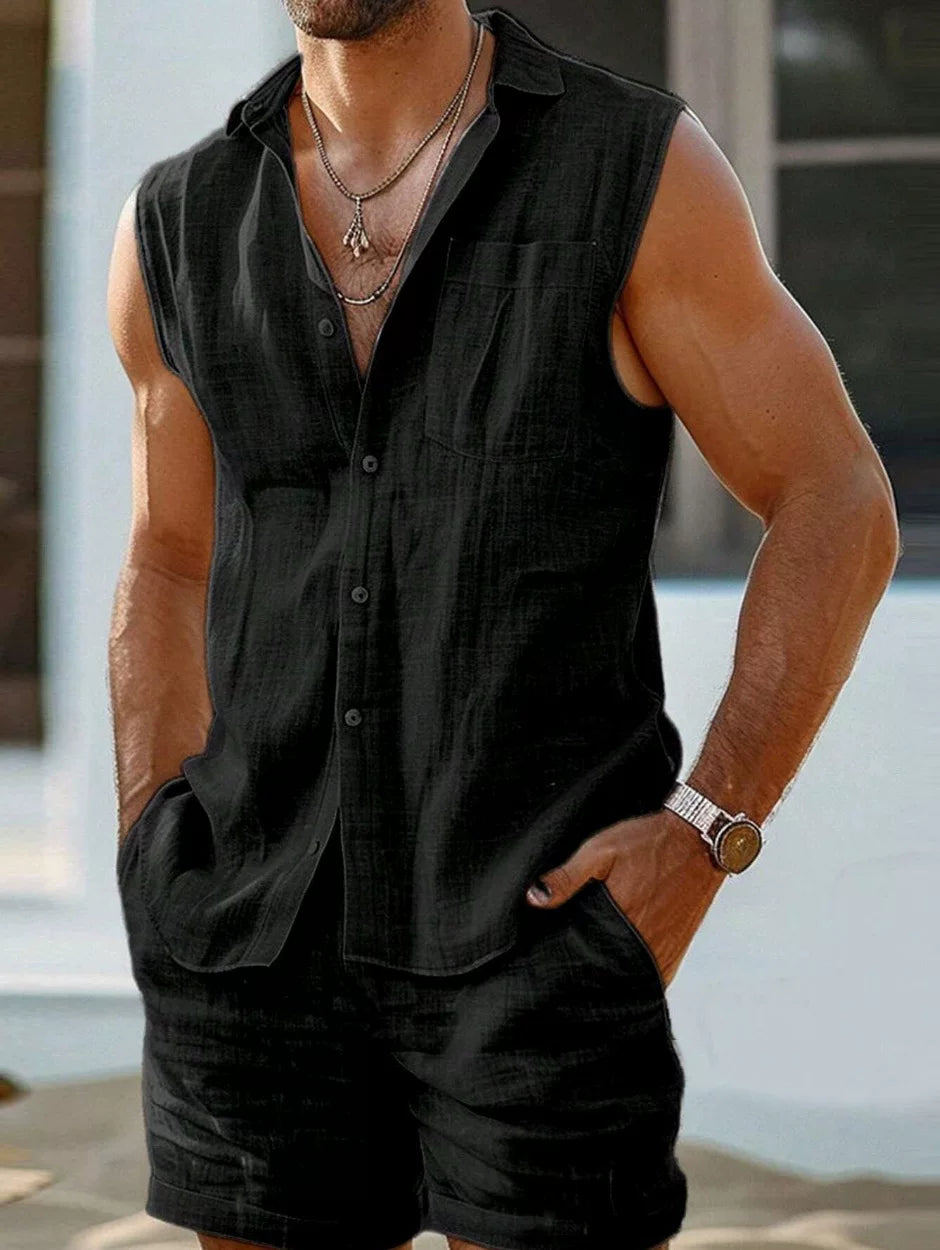 Stand Collar Open Front Linen Cotton Vest 2 Piece Set