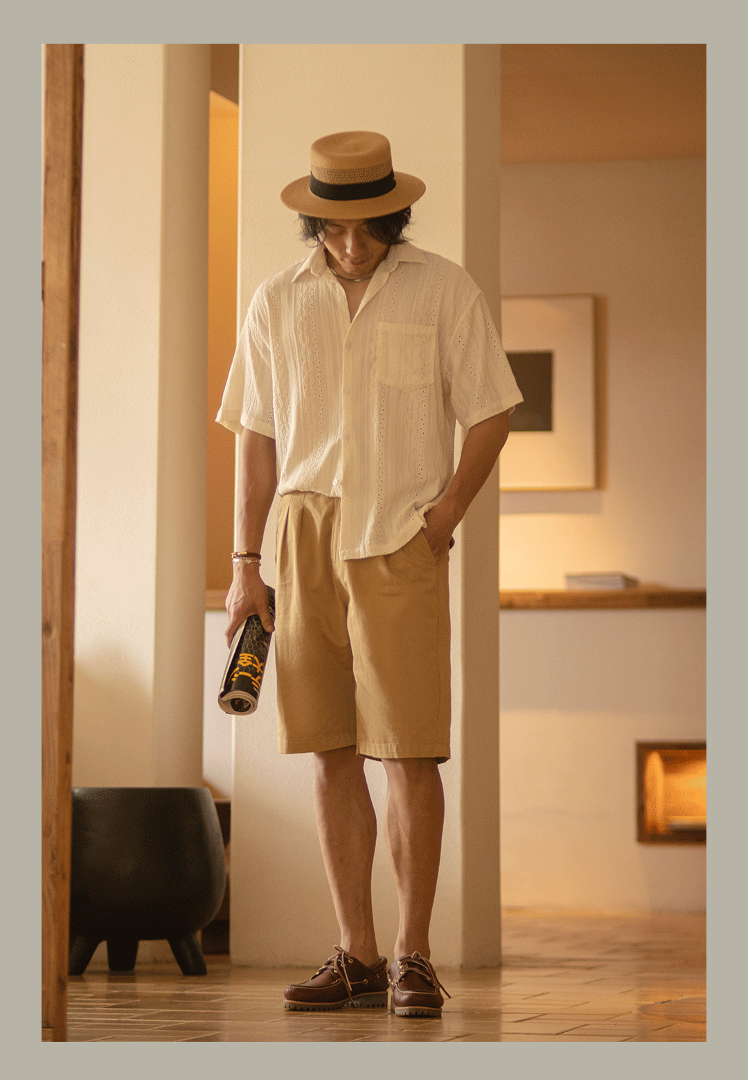 Italian short-sleeve shirt with openwork jacquard detailing