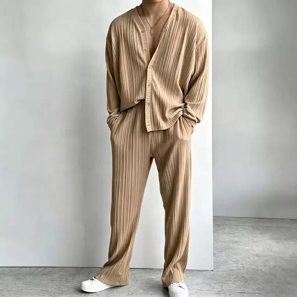 Drop Shoulder Open Knit Long Sleeve Pants Set