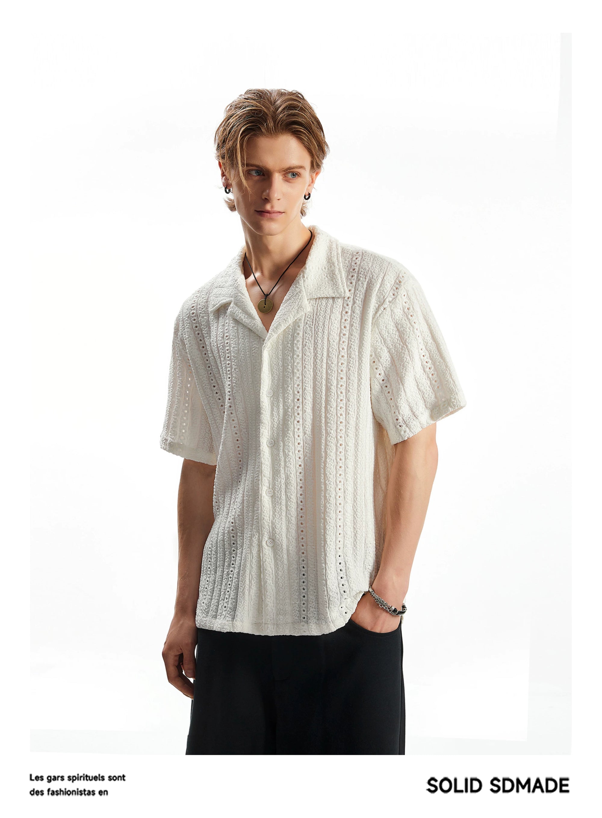 ELEQIHU SOLID SDMADE® Textured Cuban-collar short-sleeve shirt