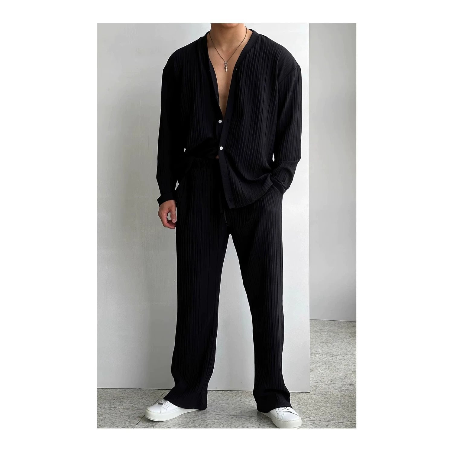 Thin Deep V Open Knit Shirt Casual 2 Piece Set