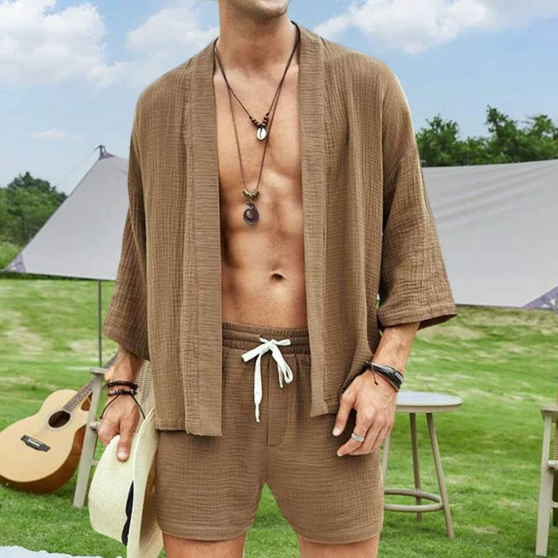 Samook Men 3/4 Sleeve Casual Shirt Two-Piece Set