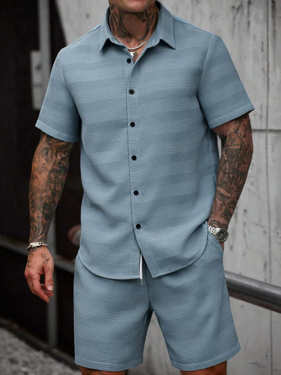 Jacquard weaving & Solid Shirt Shorts Set