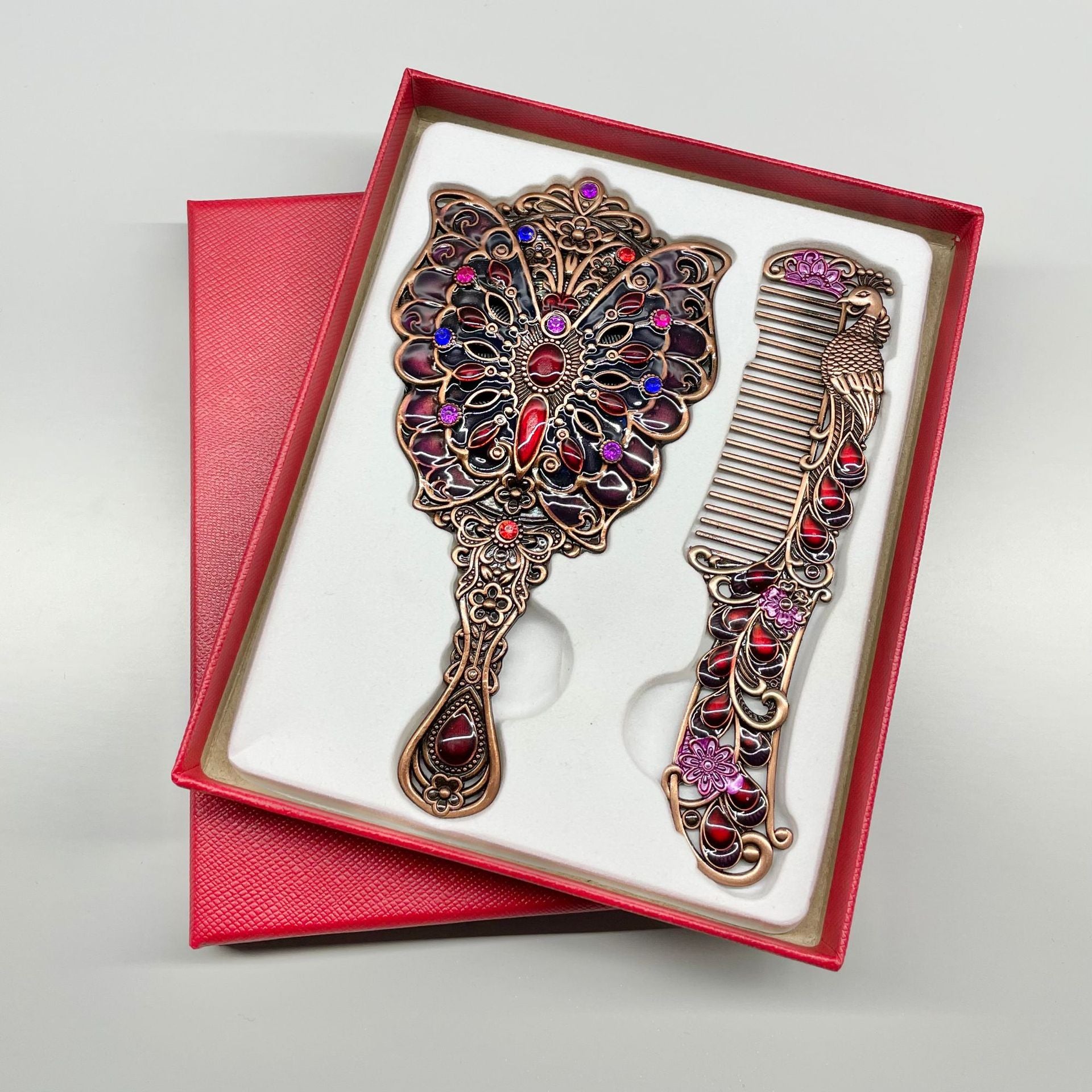 Persian enamel souvenir peacock metal cosmetic mirror and Comb Set