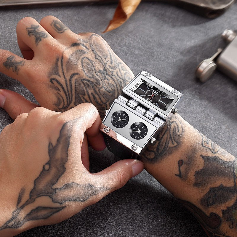 Multi-time zone rectangular quartz men's watch