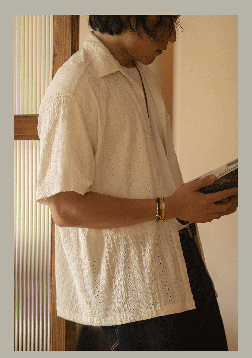 Italian short-sleeve shirt with openwork jacquard detailing
