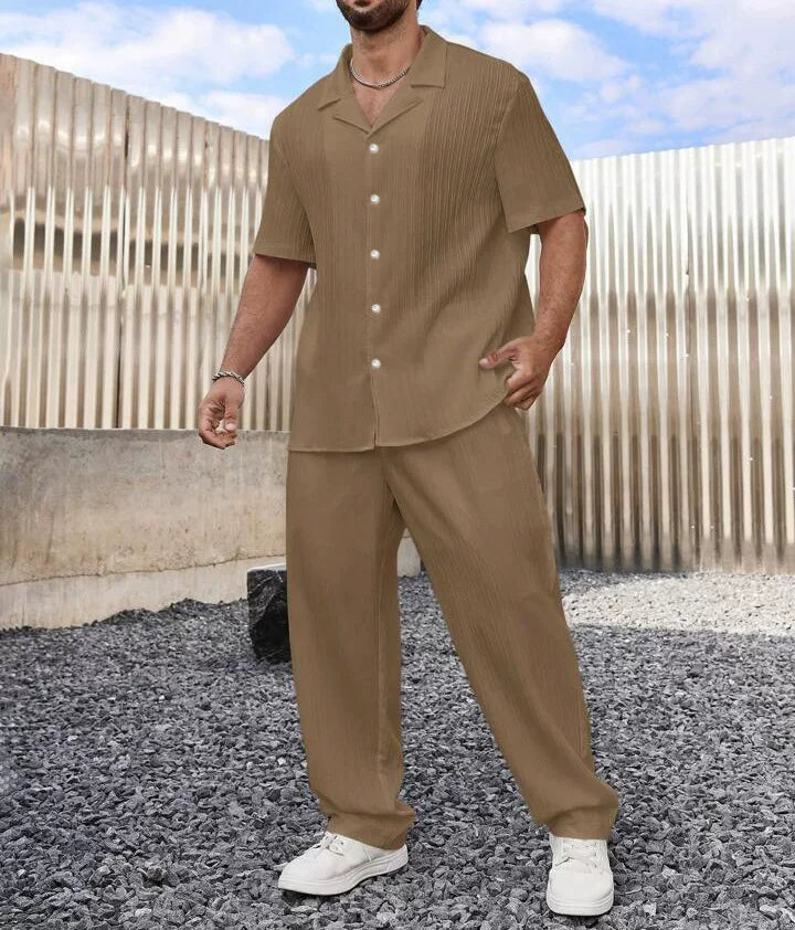 Casual Front Short Sleeve Shirt & Long Pants Outfit