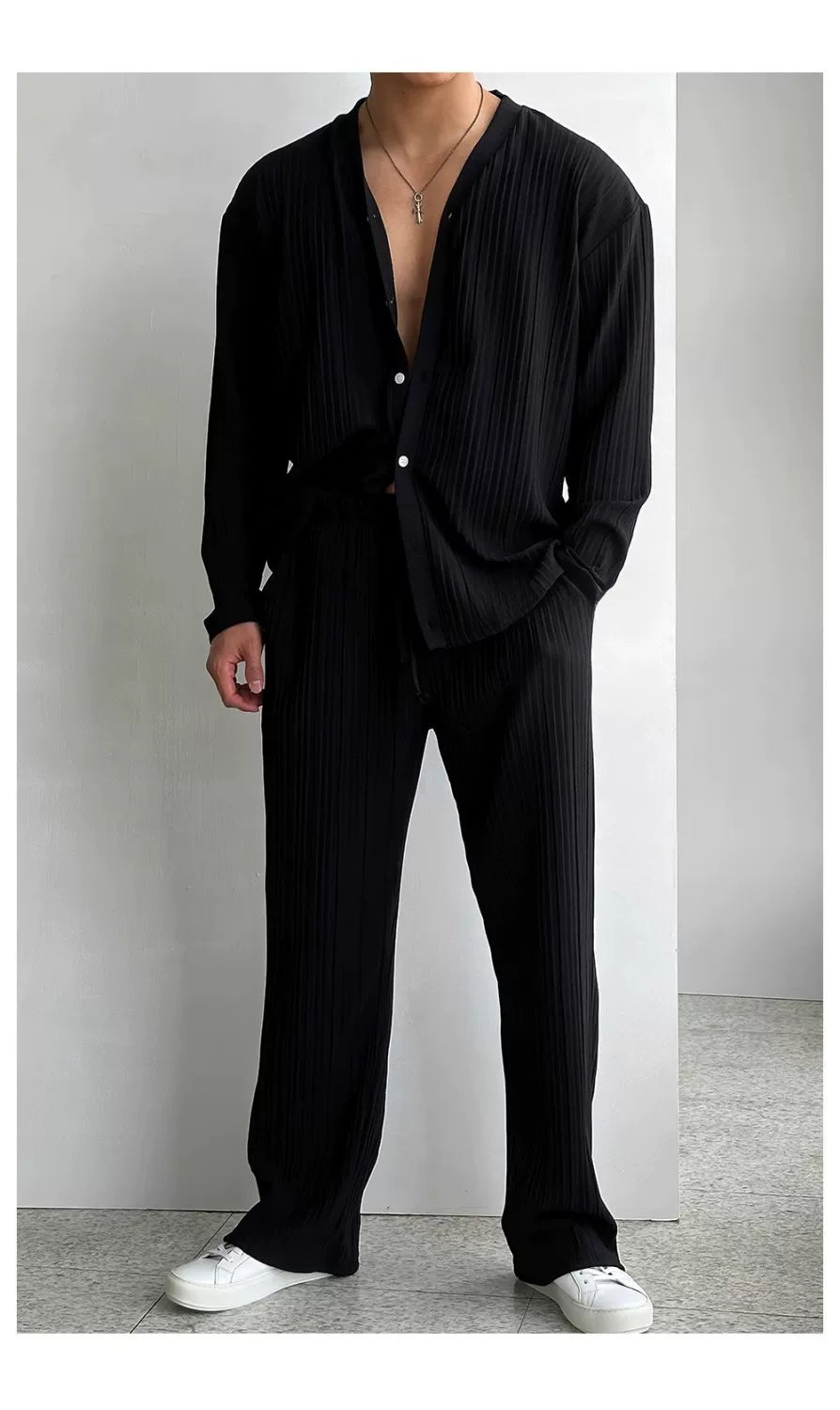 Drop Shoulder Open Knit Long Sleeve Pants Set