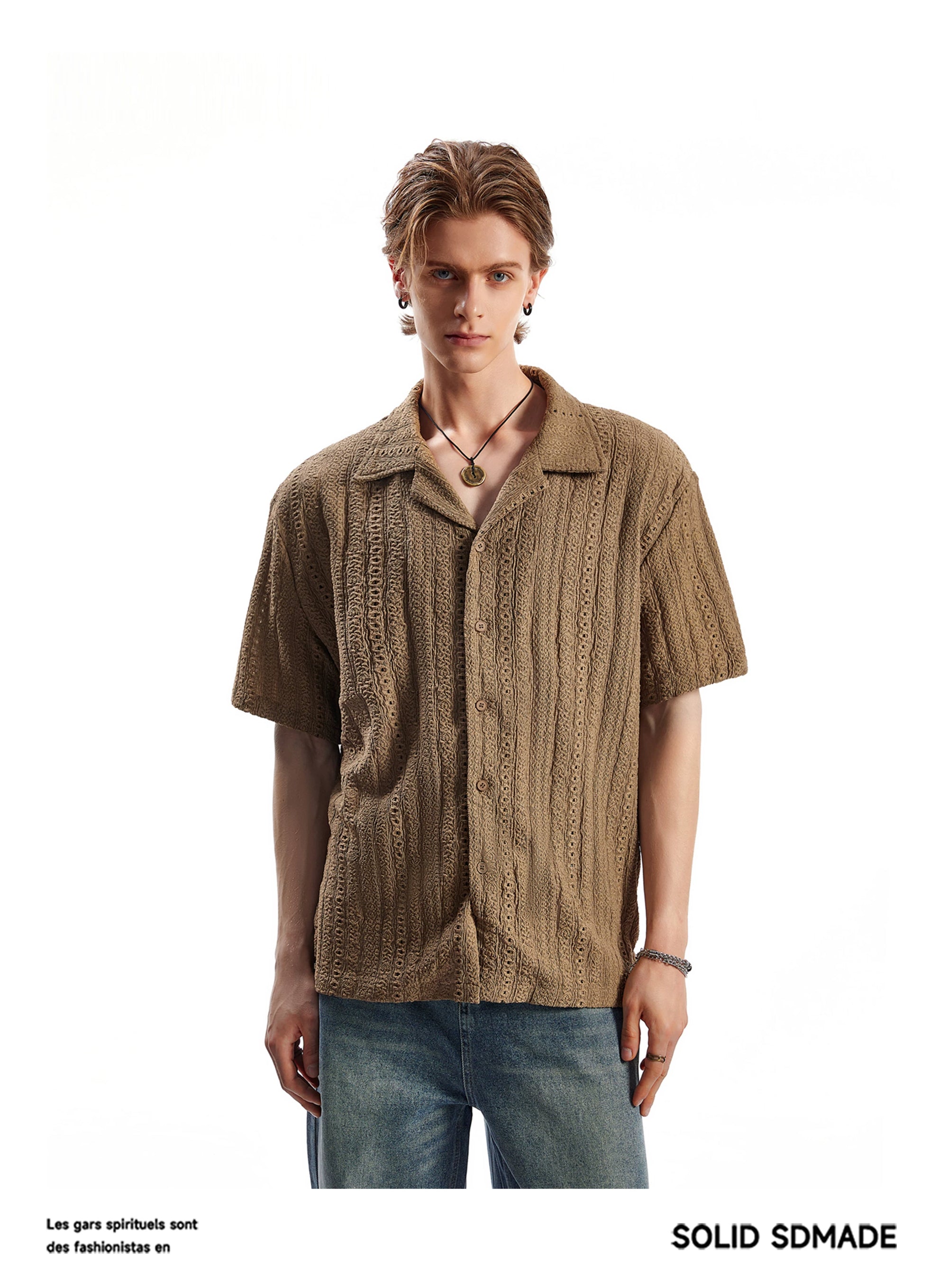 ELEQIHU SOLID SDMADE® Textured Cuban-collar short-sleeve shirt
