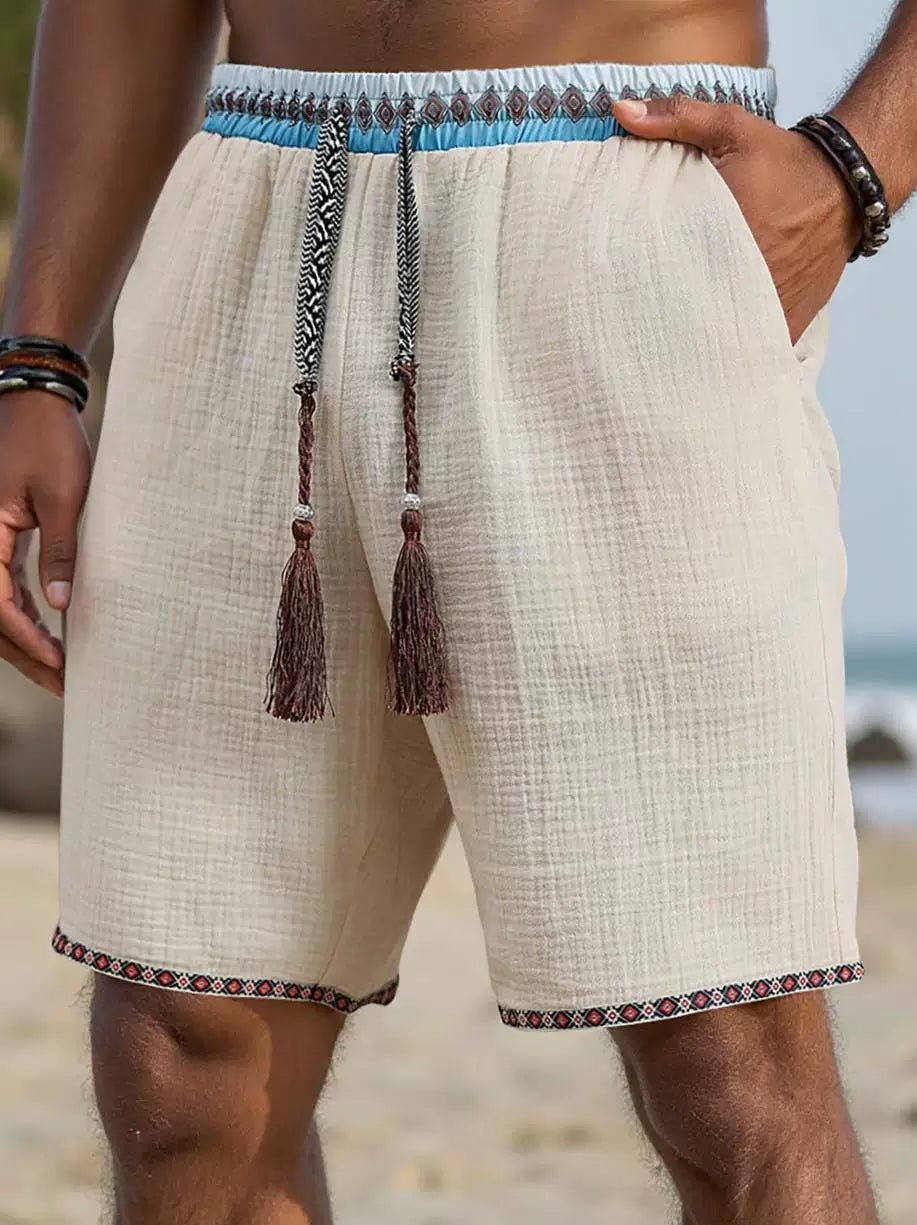 Ethnic Style Linen Drawstring Loose Casual Shorts