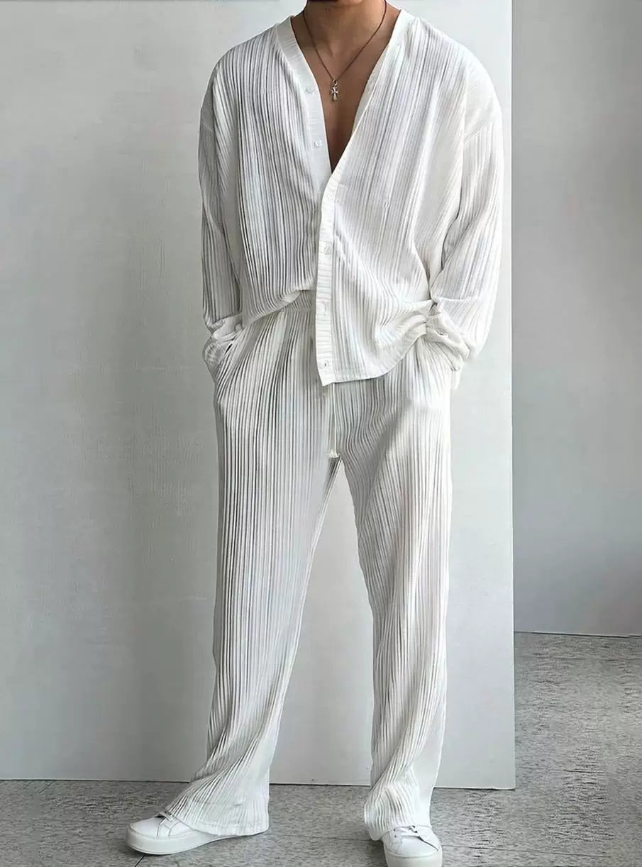 Drop Shoulder Open Knit Long Sleeve Pants Set