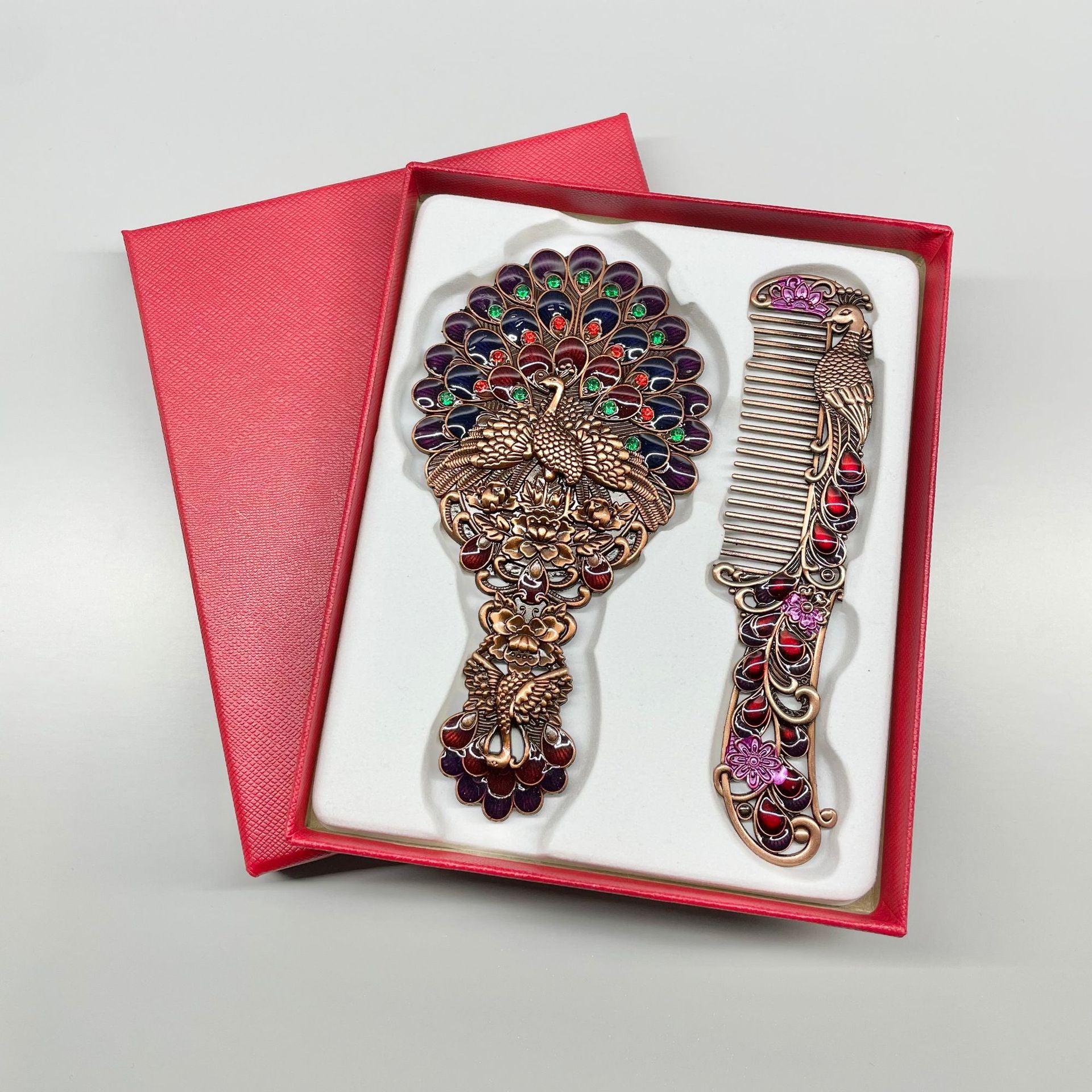 Persian enamel souvenir peacock metal cosmetic mirror and Comb Set