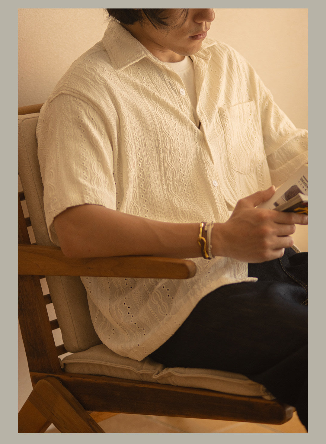 Italian short-sleeve shirt with openwork jacquard detailing