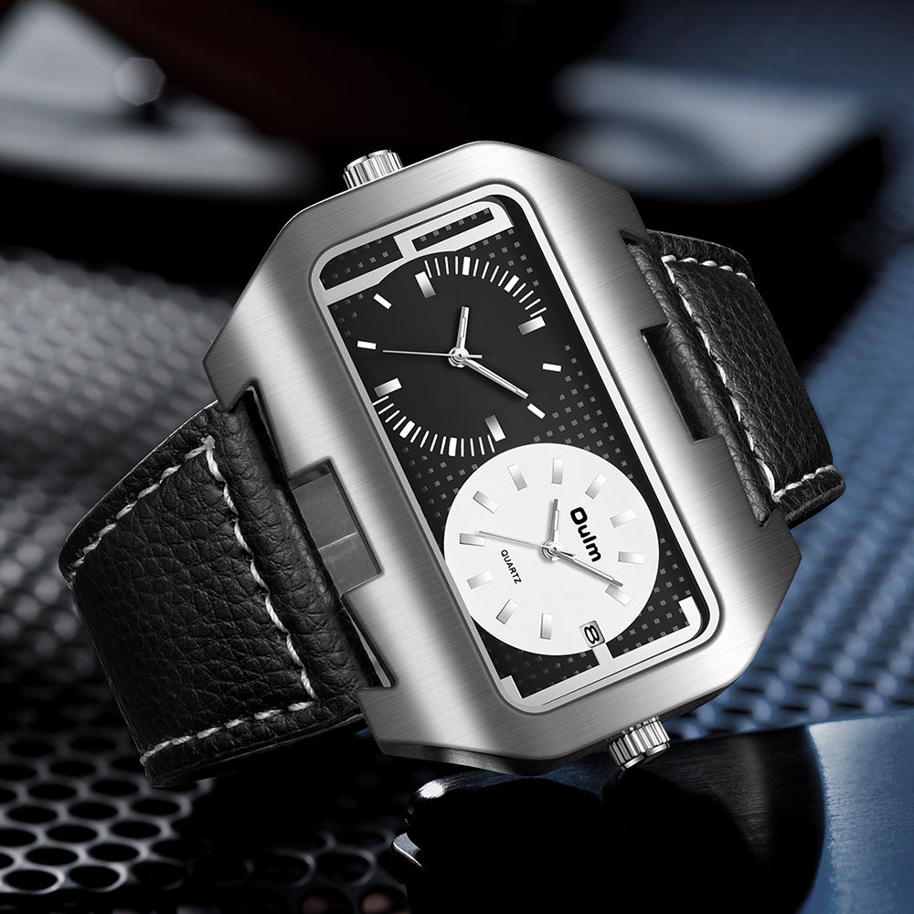 Rectangular leather strap dual time zone dial watch