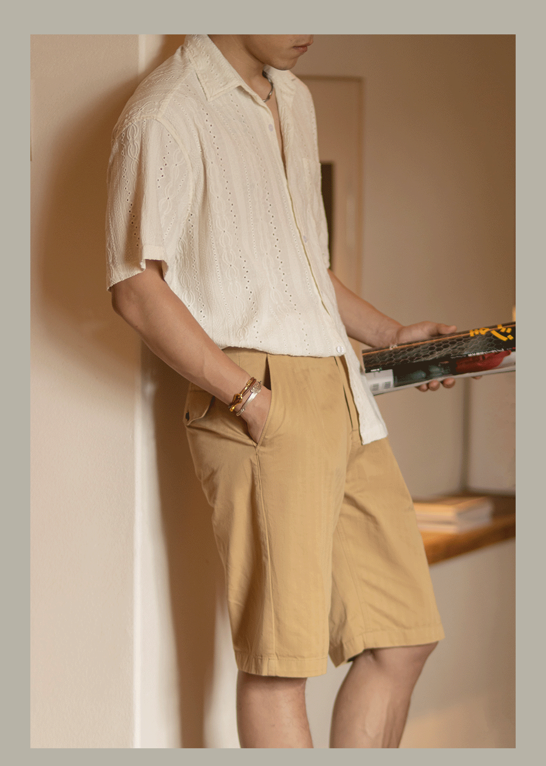 Italian short-sleeve shirt with openwork jacquard detailing
