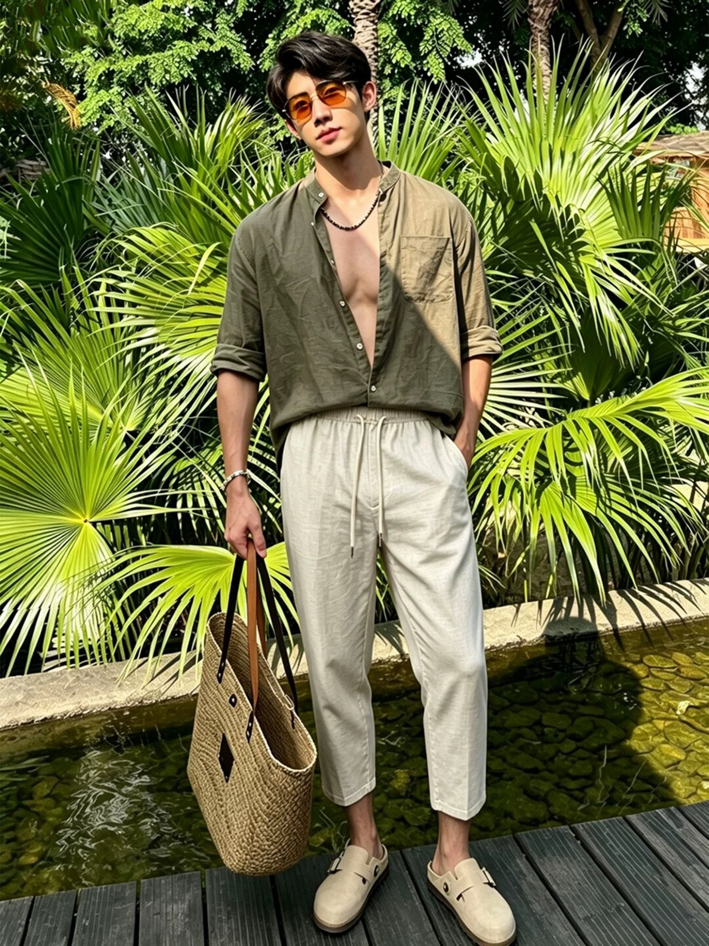 Linen set featuring a mid-sleeve shirt and cropped trousers