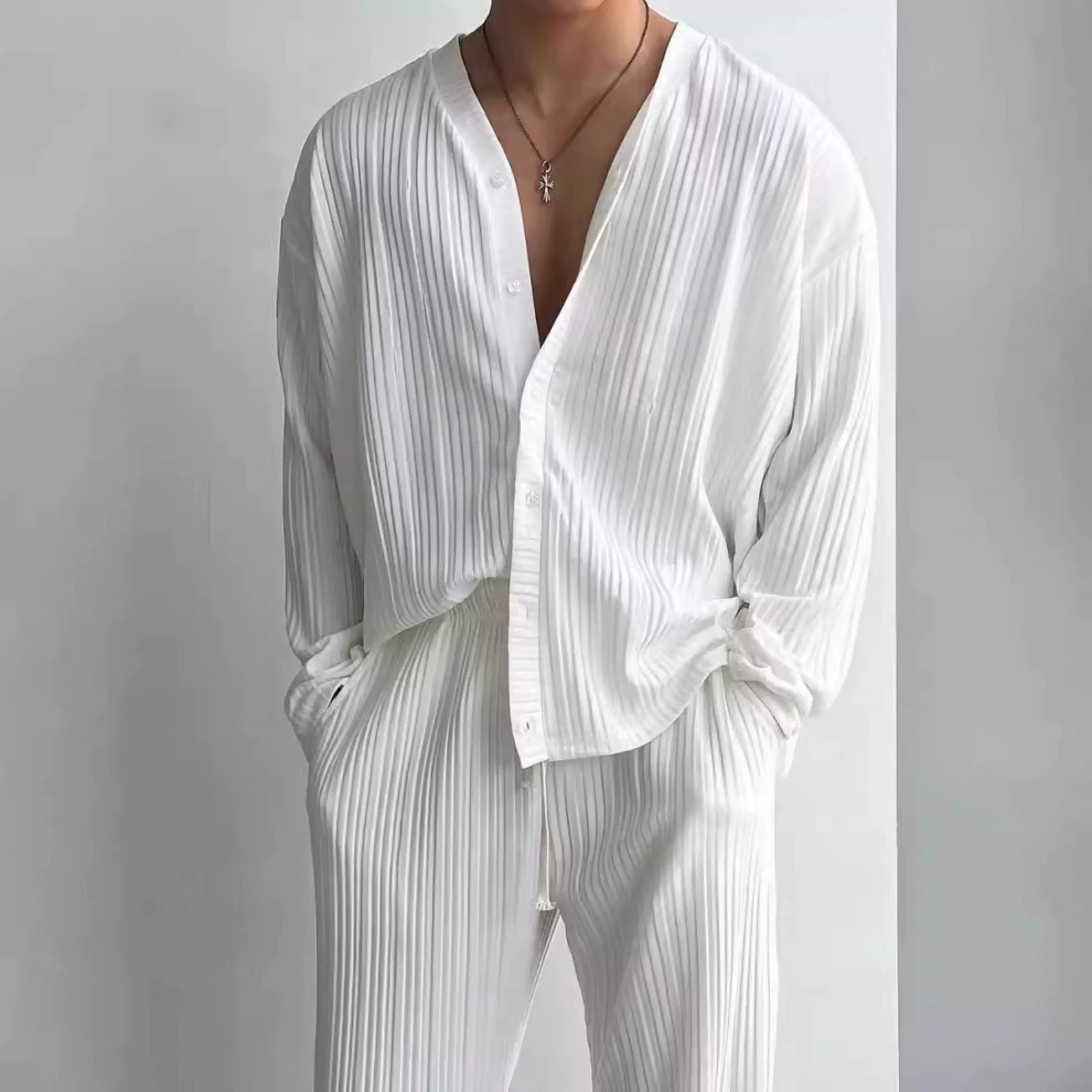 Thin Deep V Open Knit Shirt Casual 2 Piece Set