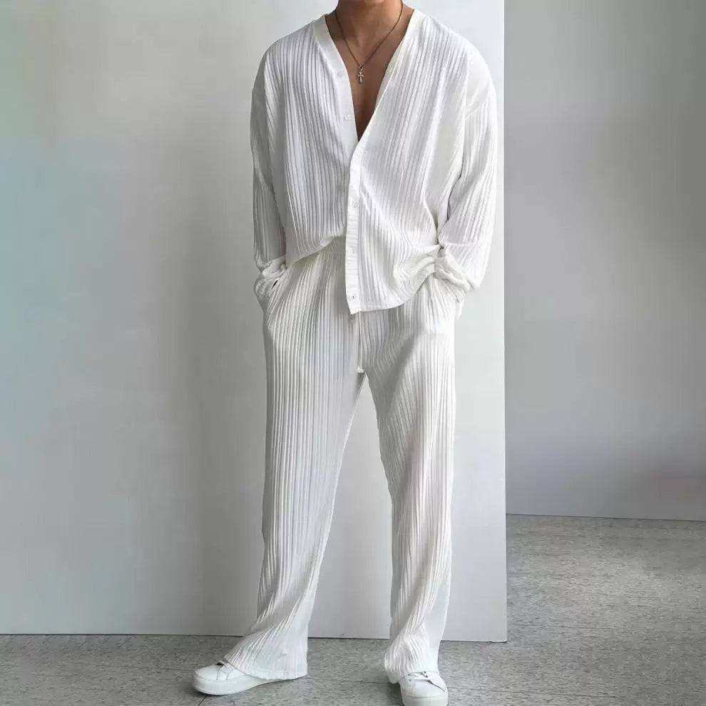 Thin Deep V Open Knit Shirt Casual 2 Piece Set