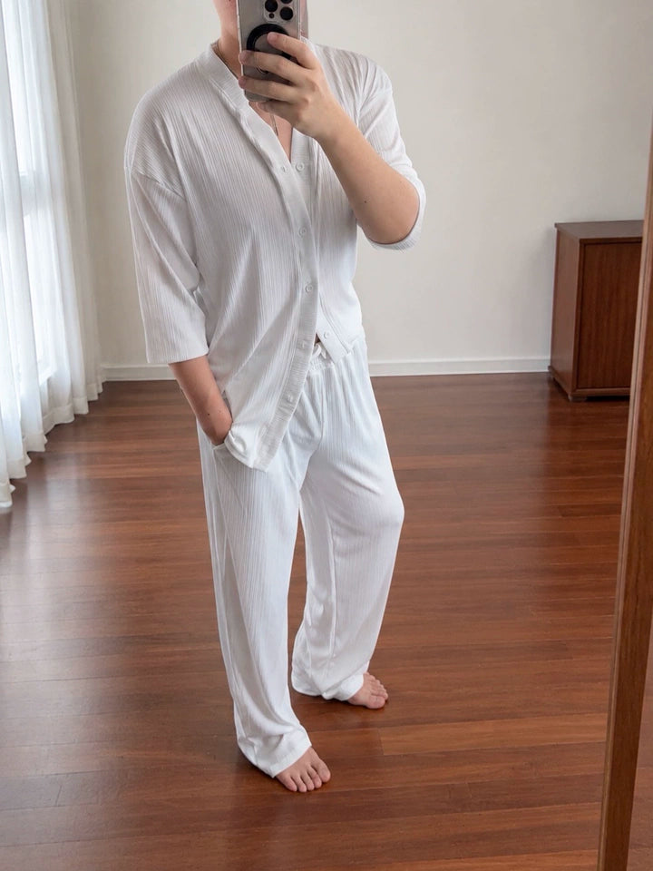 Thin Deep V Open Knit Shirt Casual 2 Piece Set
