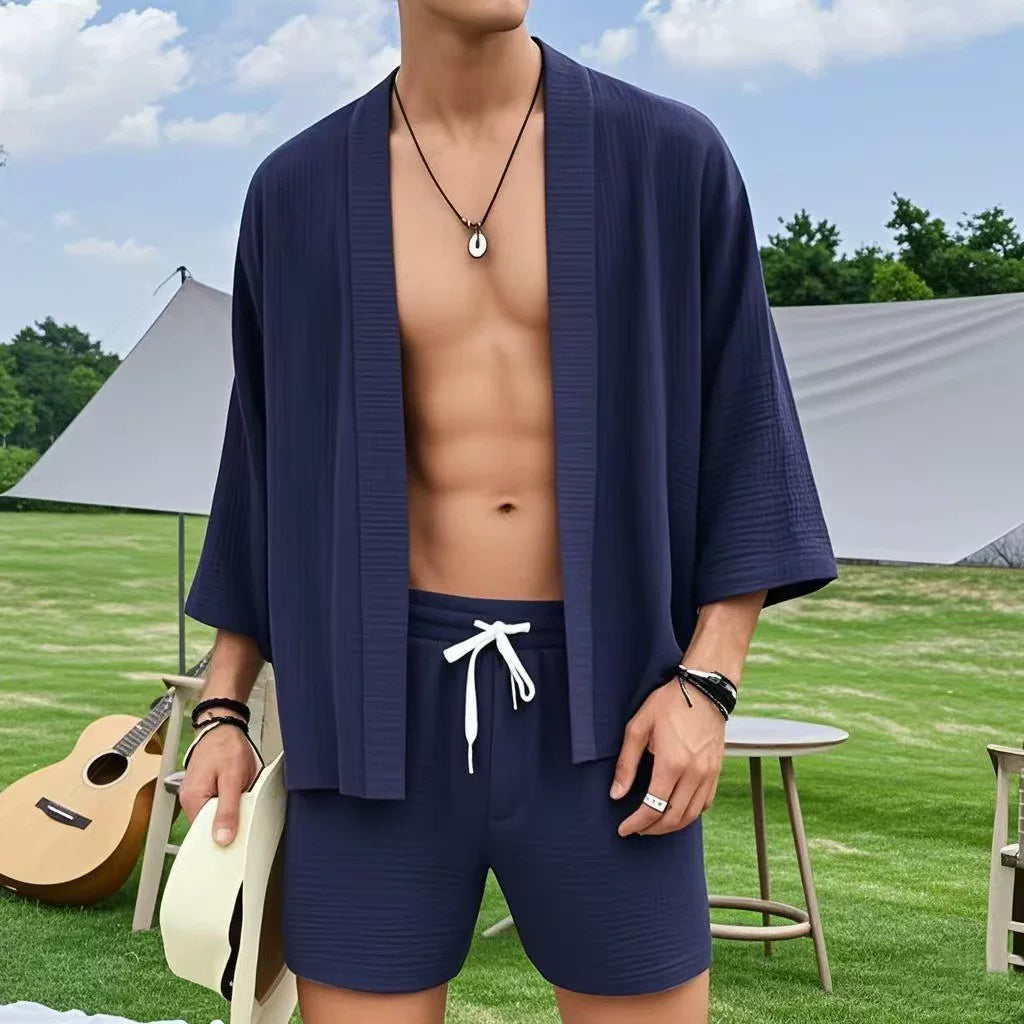 Samook Men 3/4 Sleeve Casual Shirt Two-Piece Set