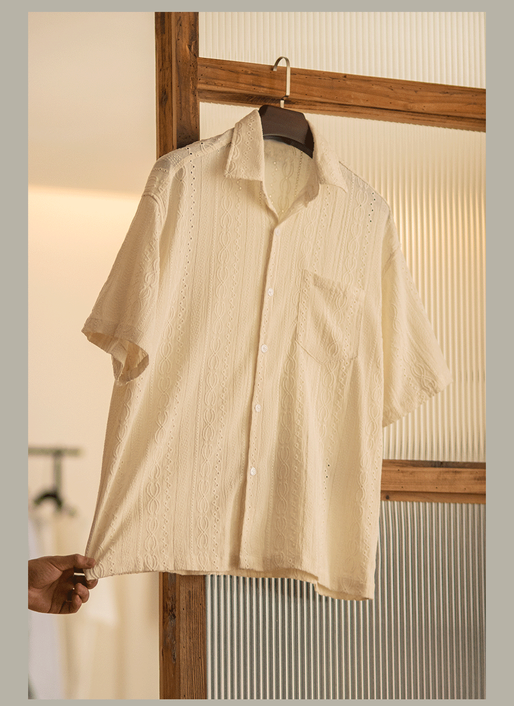 Italian short-sleeve shirt with openwork jacquard detailing