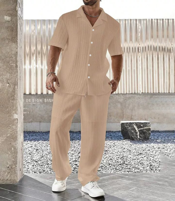 Casual Front Short Sleeve Shirt & Long Pants Outfit