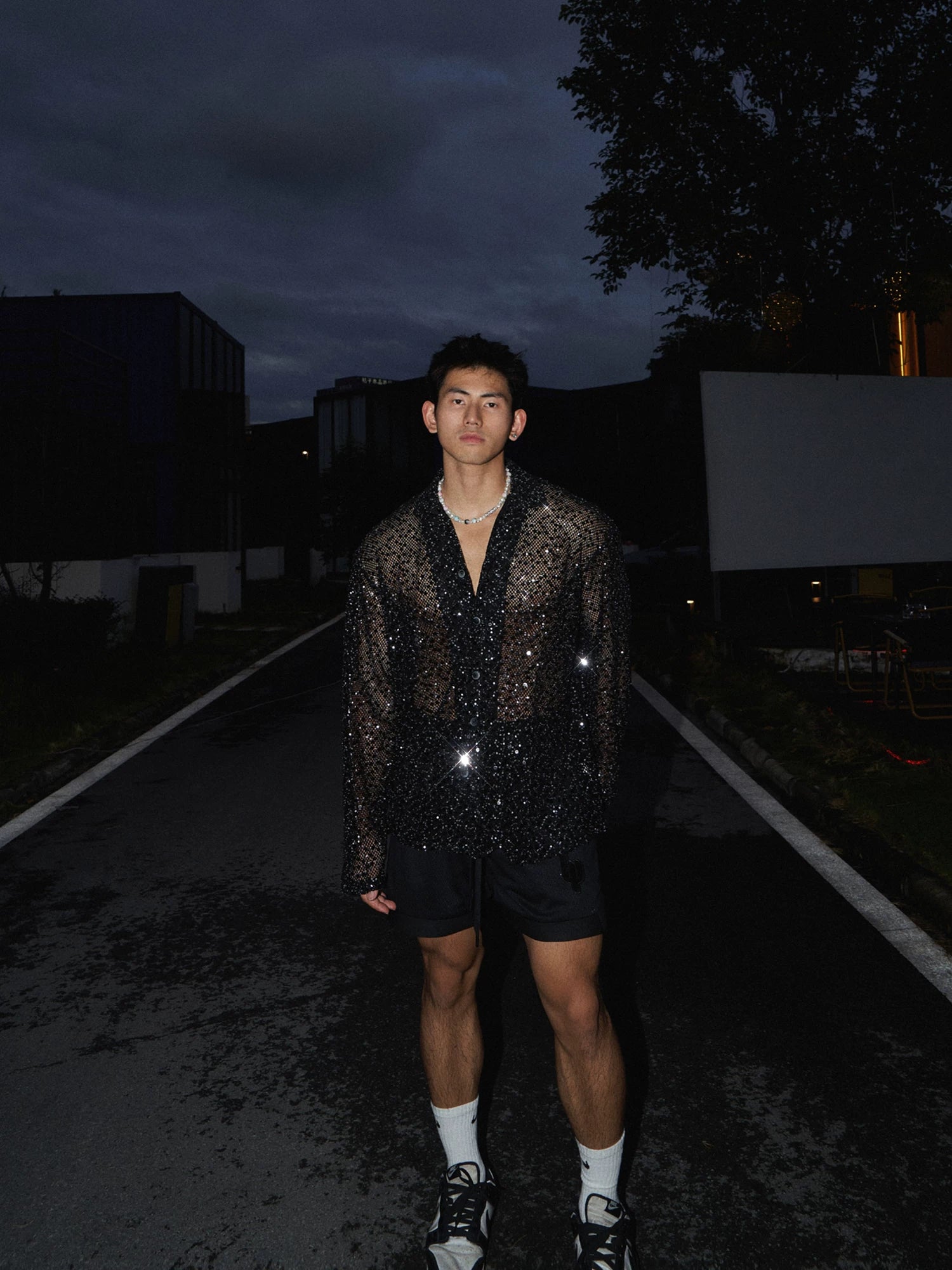 Men's silver sequin cut-out long-sleeve shirt