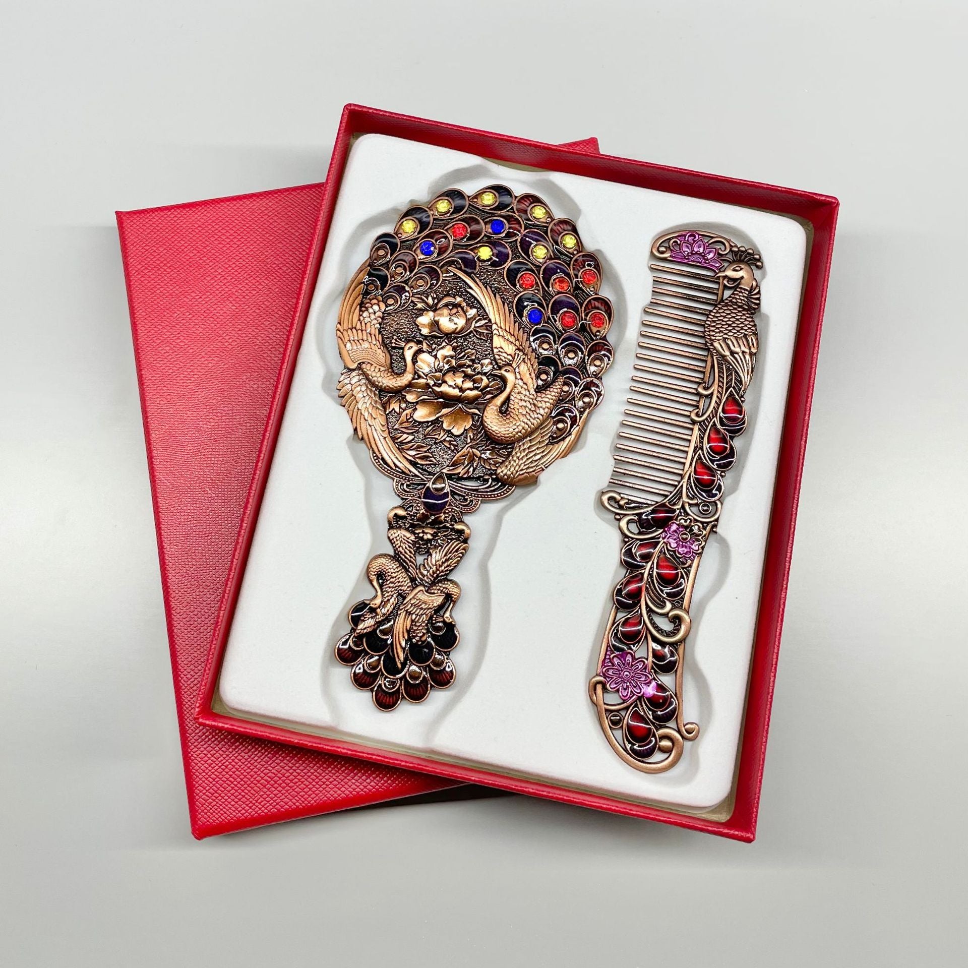 Persian enamel souvenir peacock metal cosmetic mirror and Comb Set