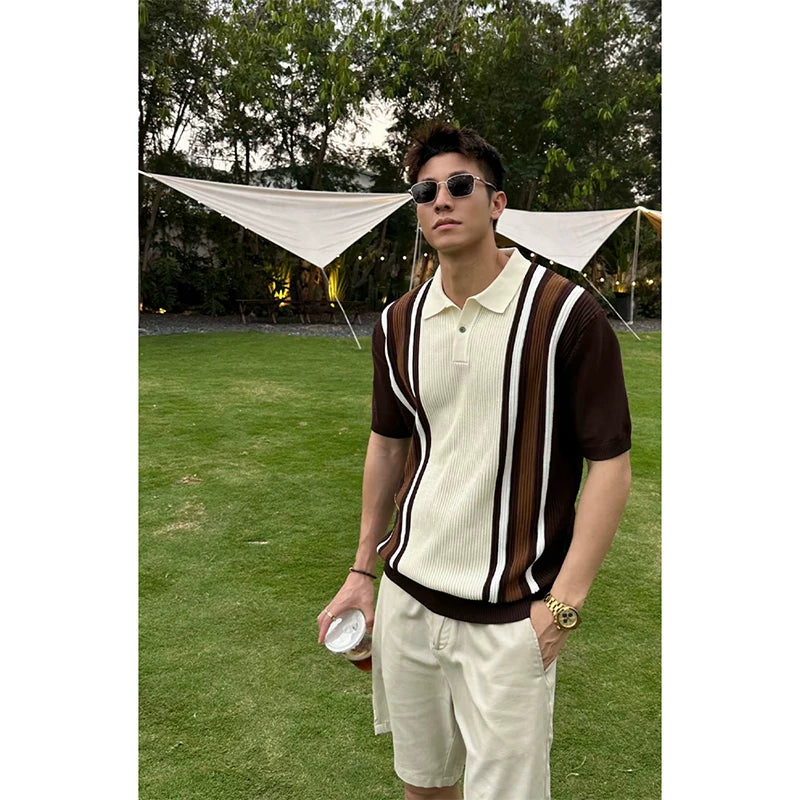 Color-block striped knit short-sleeve polo shirt