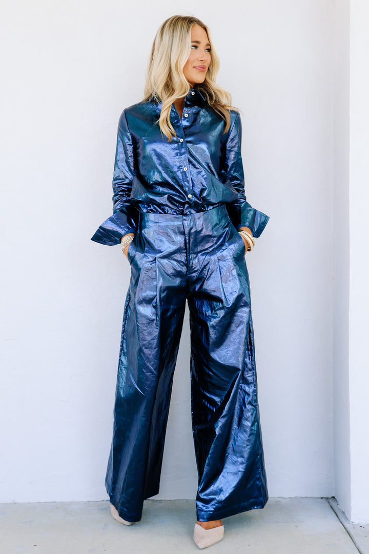 San Marino Metallic Linen Dark Blue Blouse & Wide Leg Pant SET