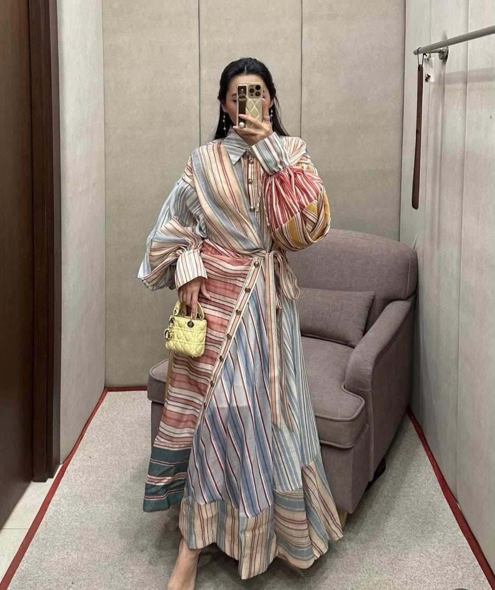 Rebellion patchwork striped linen and silk-blend voile midi wrap dress