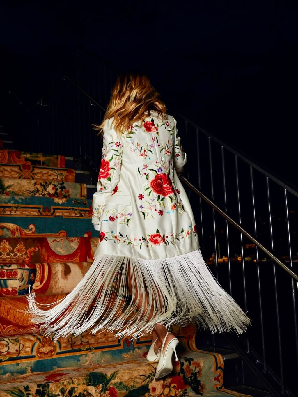 Fringing floral-embroidery blazer
