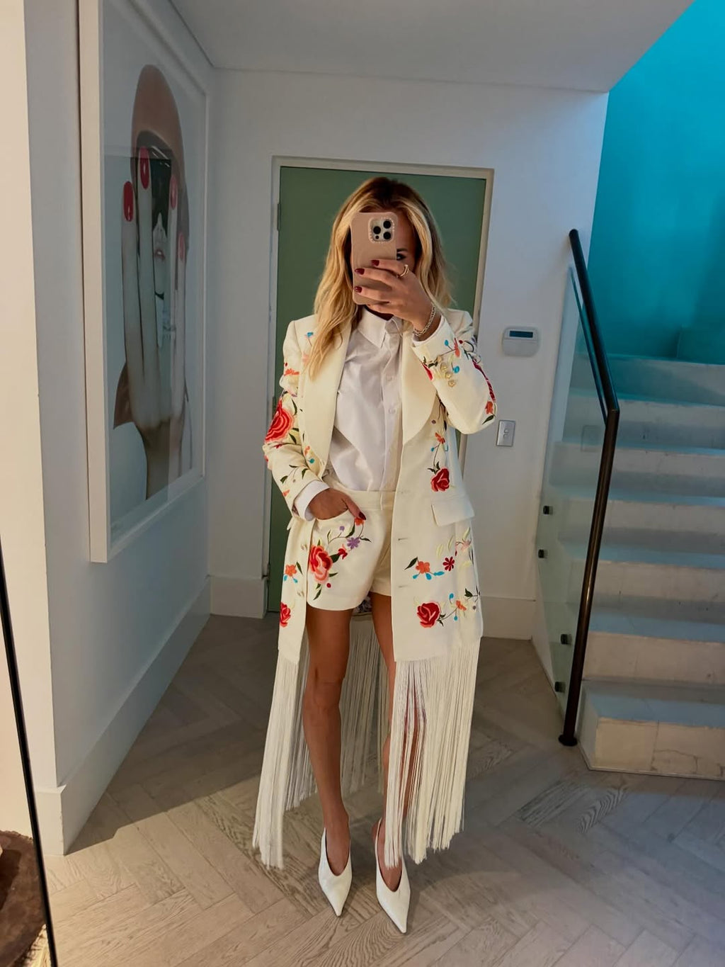 Fringing floral-embroidery blazer