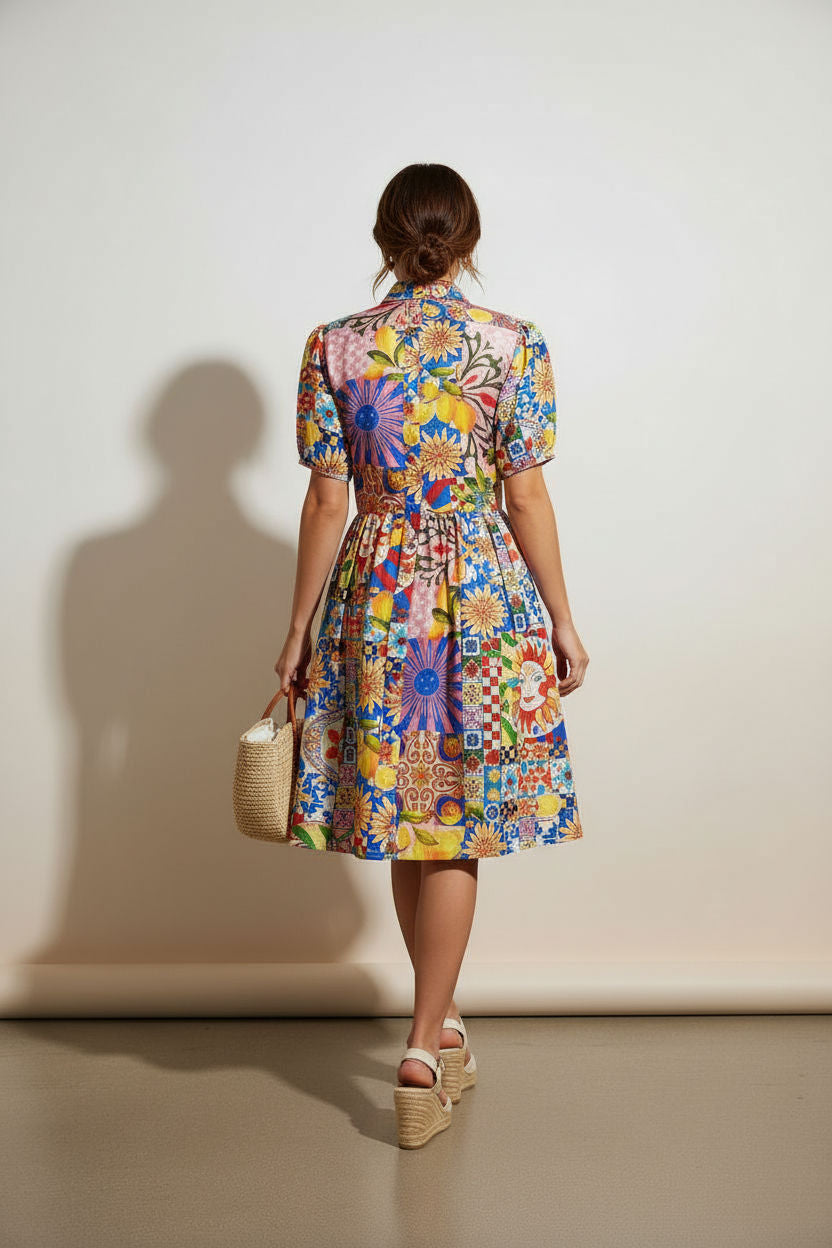 Patchwork Print Button-Down Shirt Dress
