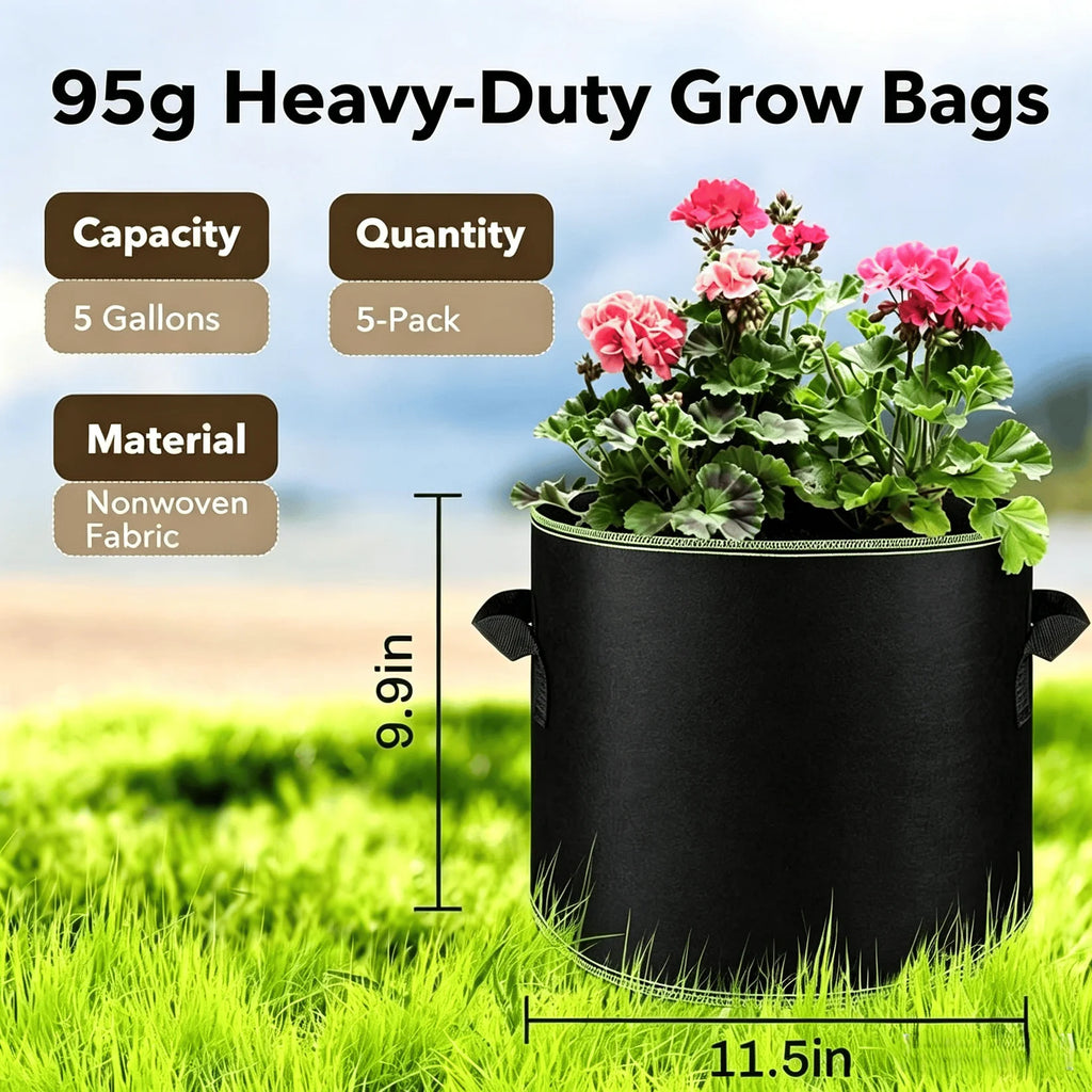🔥LAST DAY 49%OFF🌱 5-Pack 5 Gallon Grow Bags – Heavy Duty Aeration Fabric Pots with Handles for Vegetables, Flowers & Fruits 🪴