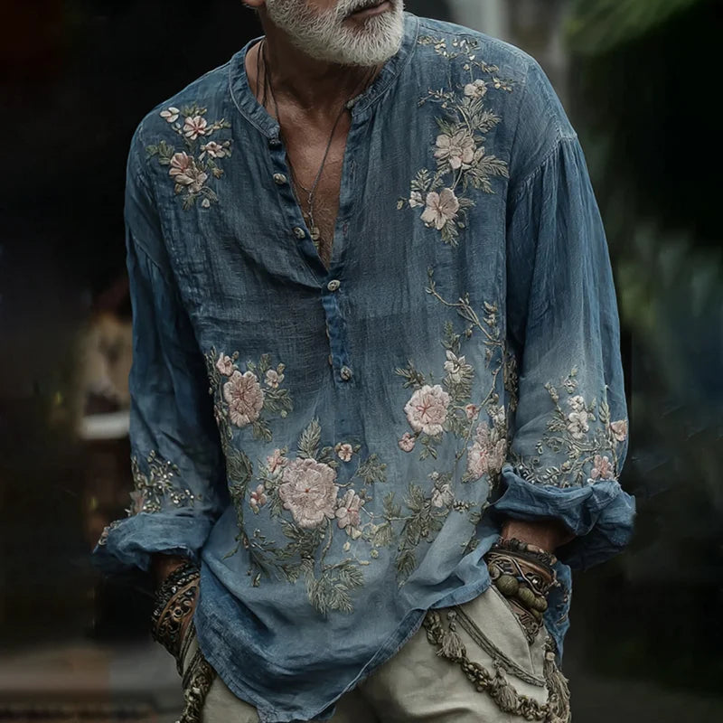 Men's Vintage Floral Gradient Embroidered Button Comfy Linen Shirt