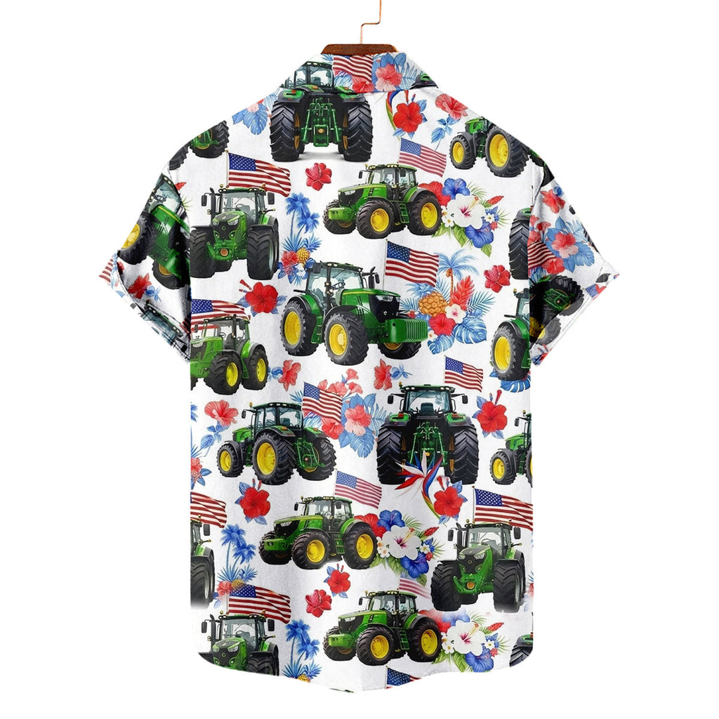 Patriotic Tractor Hawaiian Shirt – American Flag Green Farm Tractor Tropical Aloha