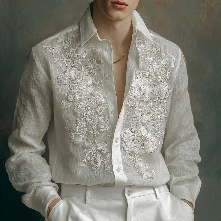 Men's Lace Flowers Embroidered Comfy Linen Blouse