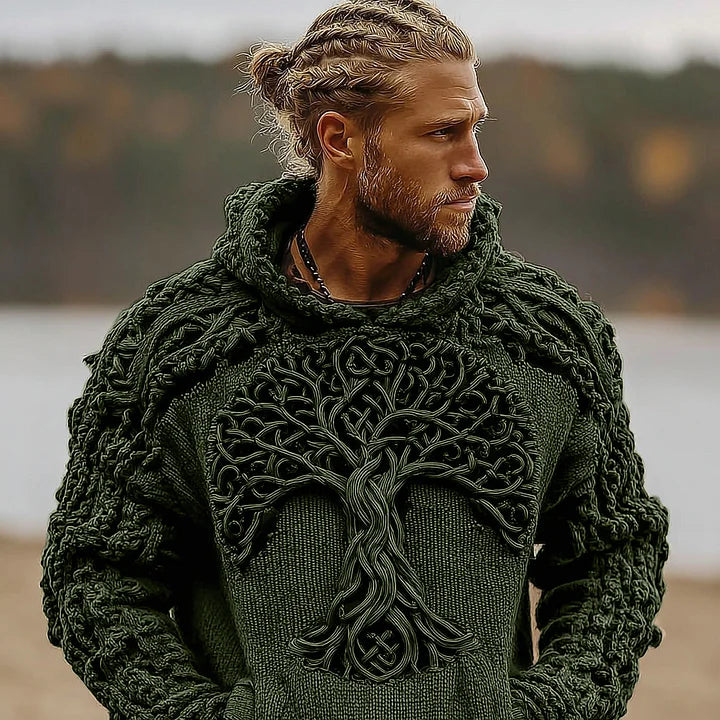 Men's Viking Celtic Knot Tree Of Life Knitted Warm Hooded Sweater