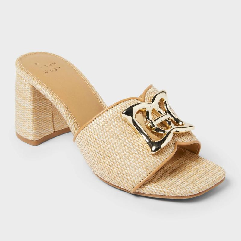 Memory Foam Insole Raffia Ornamented Block Heels