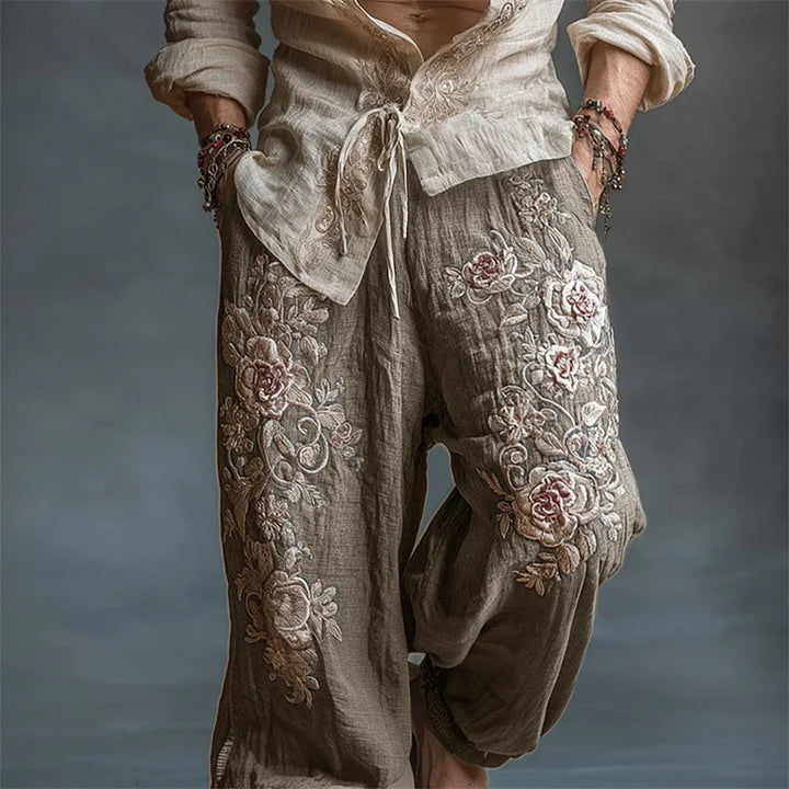 Men's Vintage Roses Embroidered Drawstring Wide Leg Linen Pants