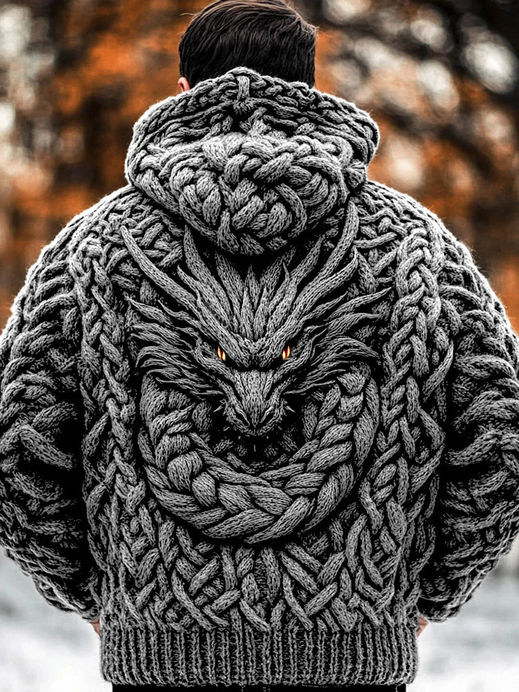 Men's Viking Dragon Style Celtic Thick Zip Hooded Sweater