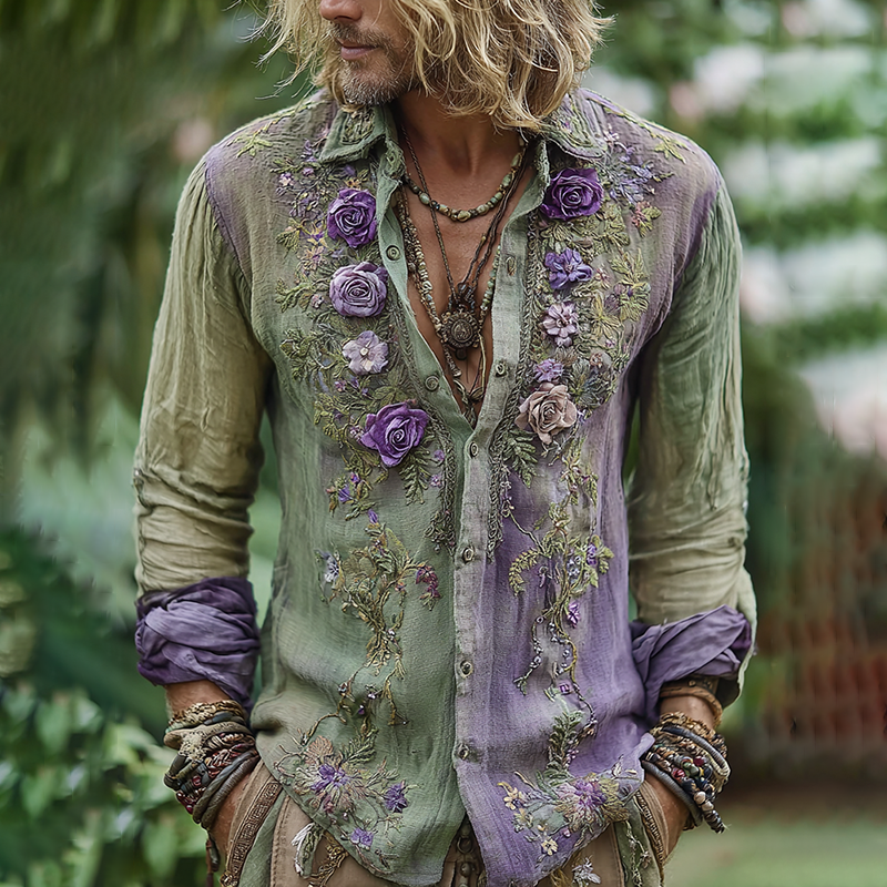Men's Vintage Floral Embroidered Comfy Linen Shirt